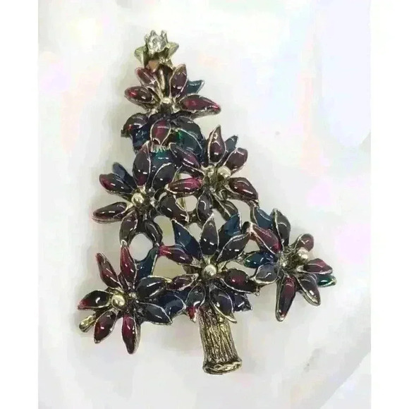 Vintage Christmas Tree Brooch Lia Sophia Enamel & Rhinestone Tree Topper Holiday - Picture 1 of 8